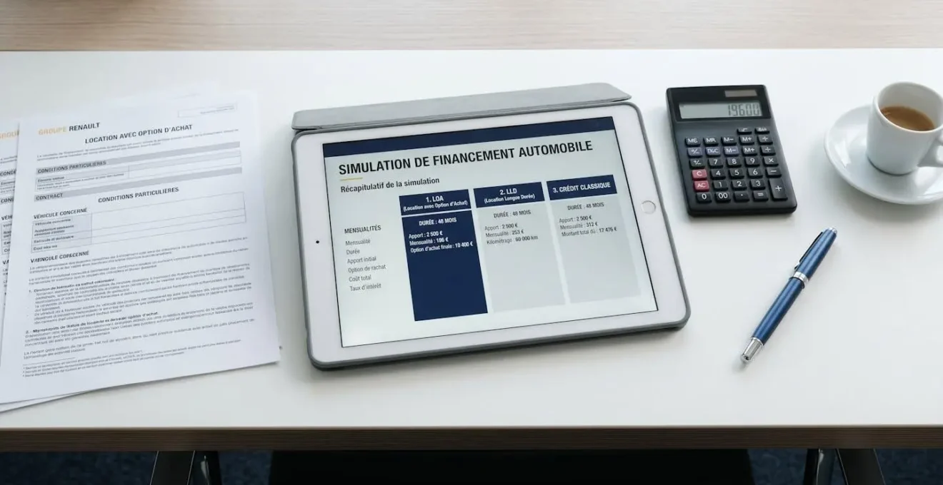 Bureau moderne avec tablette affichant simulation de financement automobile comparant mensualités LOA, LLD et crédit, accompagnée de calculatrice et documents contractuels