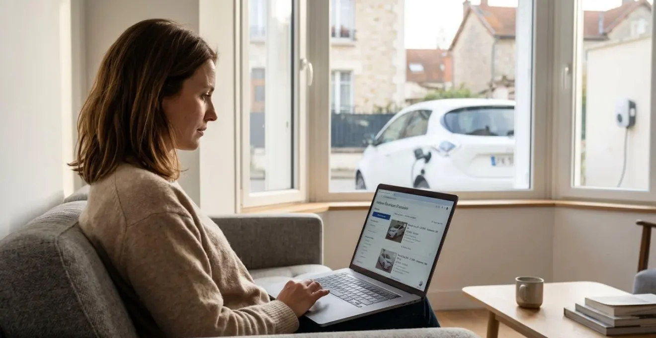 Femme consultant sur ordinateur portable une plateforme de vente de voitures électriques d'occasion, assise dans un salon moderne avec vue sur véhicule électrique garé et borne de recharge murale