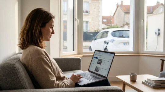 Femme consultant sur ordinateur portable une plateforme de vente de voitures électriques d'occasion, assise dans un salon moderne avec vue sur véhicule électrique garé et borne de recharge murale