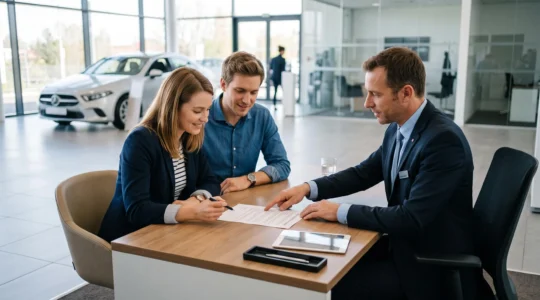 Couple finalisant l'achat d'un véhicule avec un conseiller dans une concession automobile, consultant les documents de crédit auto